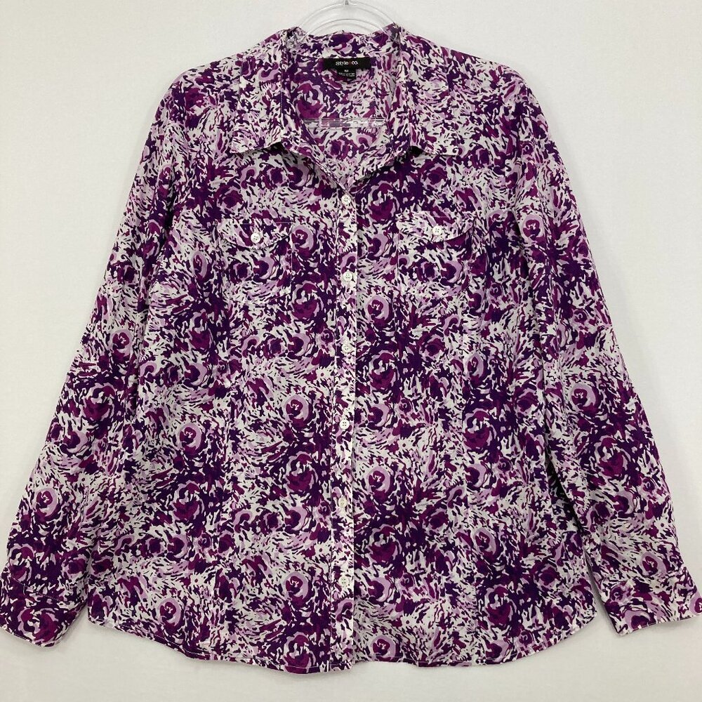 Style & Co. size 18 Purple White Abstract Print Cotton Long Sleeve Button Down